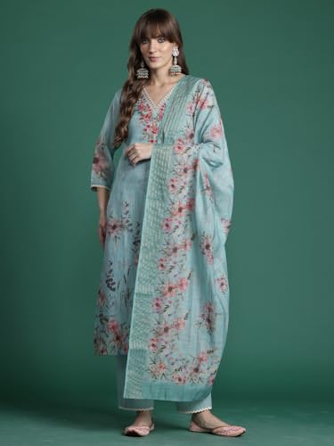 Image of INDO ERA Women's Straight Linen Floral Embroidered Kurta & Pant With Dupatta Set (IESTR10644)