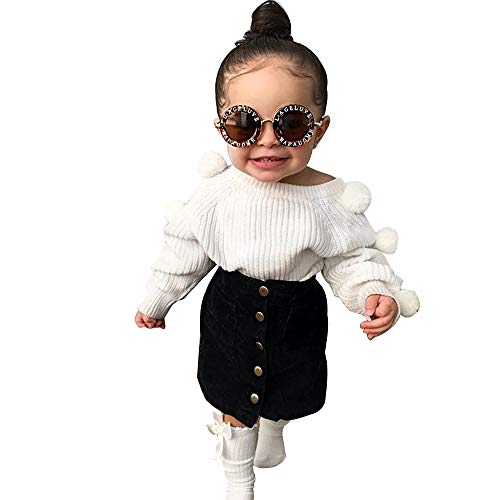 Toddler Baby Girls Fall Winter Clothes Pompom Knitted Sweater + Button Skirt Dress Outfit Set (White, 1-2T)