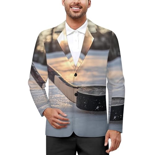 Hockey Puck And Stick Sliding Across The Ice Men's Suits Business Formal Suit Dress Print Jackets Casual Wedding Party Coat