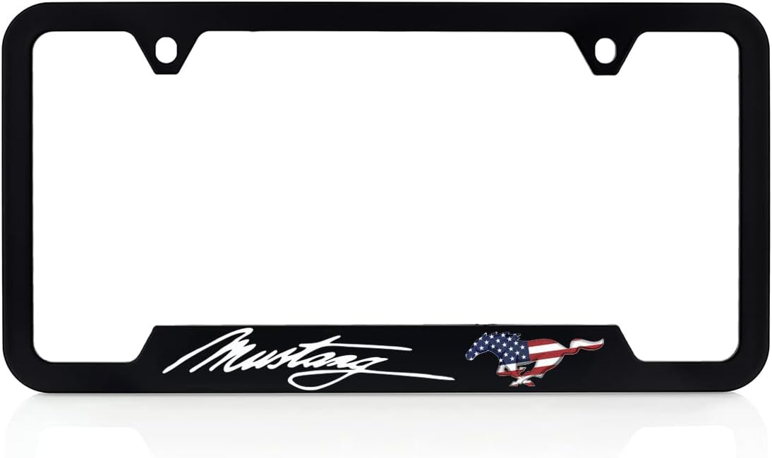 Ford Mustang Script Wordmark Patriotic UV Printed Black ABS Plastic License Plate Frame Holder