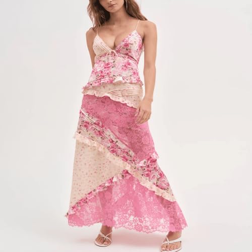 Image of SOOKABEILA Women Y2k Boho Maxi Dress Floral Lace Sheer Tiered Flowy Cami Long Dress 2025 Summer Smocked Beach Sundress
