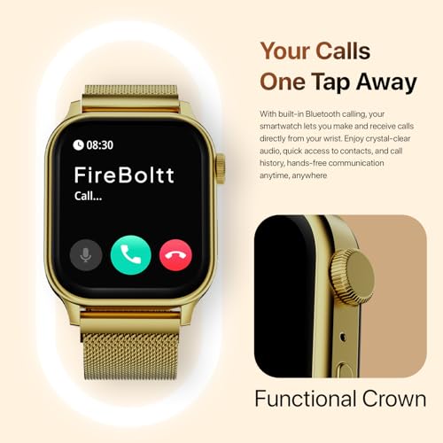 Image of Fire-Boltt Rise Round Smart Watch 1.85″ HD Display with Bluetooth Calling, Rotating Crown, AI Voice Assistant, SpO2 & Heart Rate Monitor, 120+ Sports Modes, IP67 Waterproof Metal Smartwatch - Gold