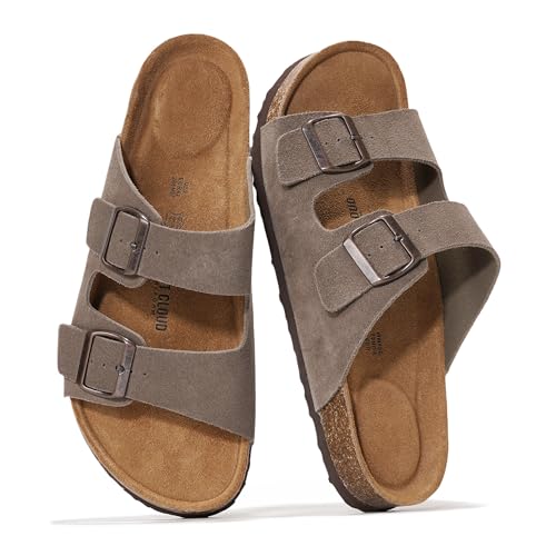 Image of Project Cloud Genuine Leather Mens Sandals with Memory Foam Natural Cork Footbed Slides for Men Footwear - Non-Slip Double-Strap Buckle Summer Sandals (Arizona,TAUPSUEDE,10.5)