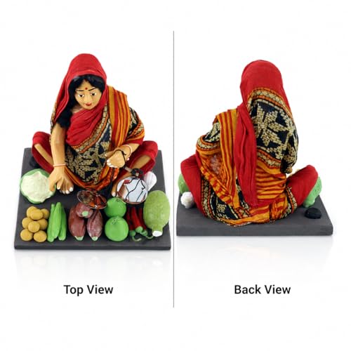 Image of Krishnanagar Handmade Clay Woman Vegetable Seller Miniature Idol | Basic Terracotta Sitting Human Figurine | Traditional Indian Home Decor & Gift Showpiece