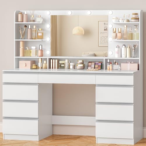Hzuaneri Dressing Table with Bulb Light, Vanity Desk with 1 Large Drawer and 8 Small Drawer Cabinets, Adjustable Brightness, Large HD Mirror, 9 Open Storage Areas, 150 cm desktop, White DT43403WUK