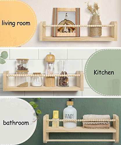 Nursery Shelves Floating Book Shelf for Wall, Kids Shelves for Bedroom Baby Bookshelf Decor, Solid Wood Small Shelving Organizer With Wooden Bead Design 40cm Set of 3