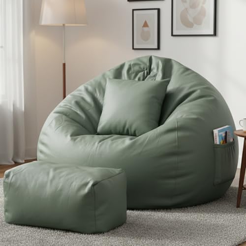 Image of Luxury 5XL Jumbo Bean Bag with Footrest & Cushion | Premium Leatherette | High-Density Beans Filled | Heavy Duty Double Stitch | 6 Months Warranty Color- (Navy Blue) (SAGE Green)