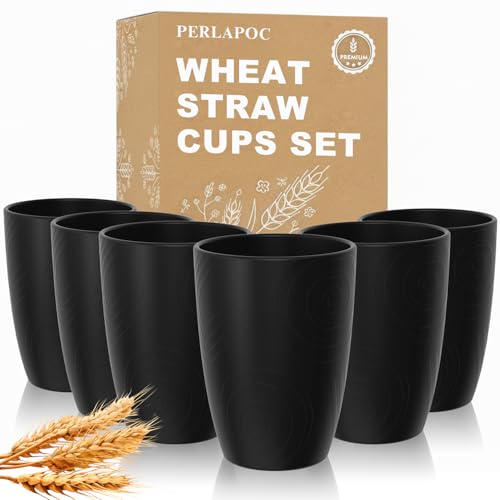Image of 6PCS Wheat Straw Cups, 16 OZ Unbreakable Black Plastic Cups Set | Alternative to Plastic Drinking Cups for Kitchen & Camping, Dishwasher Safe Cup Set
