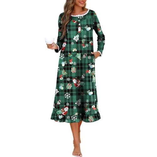 Marvmys Womens Cotton Long Sleeve Nightgown Long Sleepshirts Lace Trim Victorian Sleepwear with Pockets Green Plaid Medium