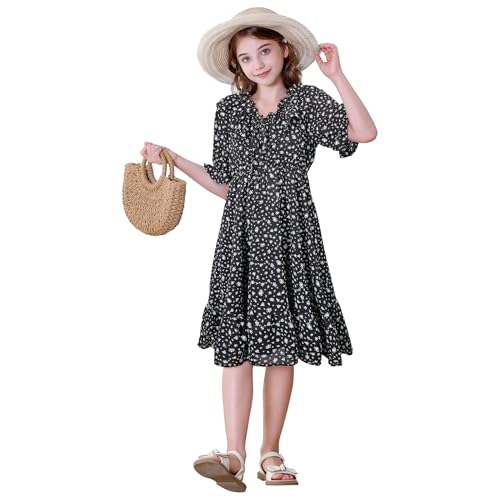 Girls Dresses Short Sleeve Floral Dress Kids Casual Boho Dress V Neck Ruffle Smocked High Waist Midi Outfit