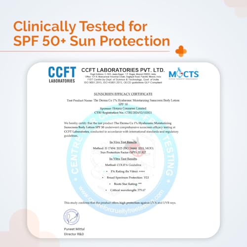 Image of The Derma Co. 1% Hyaluronic Moisturizing Sunscreen Body lotion SPF 50 PA ++++ with 5% Niacinamide & 3% Glycerin | In-Vivo & In-Vitro Tested | Body Sunscreen with Broad Spectrum UVA & UVB Protection | No White Cast | Non Greasy | Tan protection | For All Skin Types | For Women & Men | 200 ml