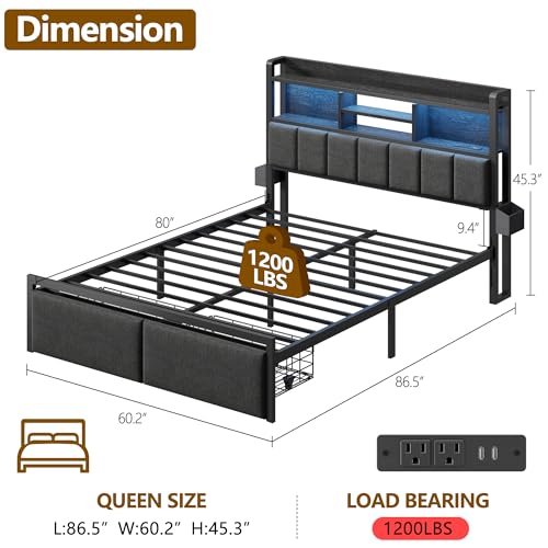 Image of Furnulem Queen Bed Frame with Storage Drawers, Upholstered Headboard with LED Light & Charging Station, Metal Platform Bed Frame Queen Size, Noise Free, No Box Spring Needed, Black (1200 lbs Capacity)
