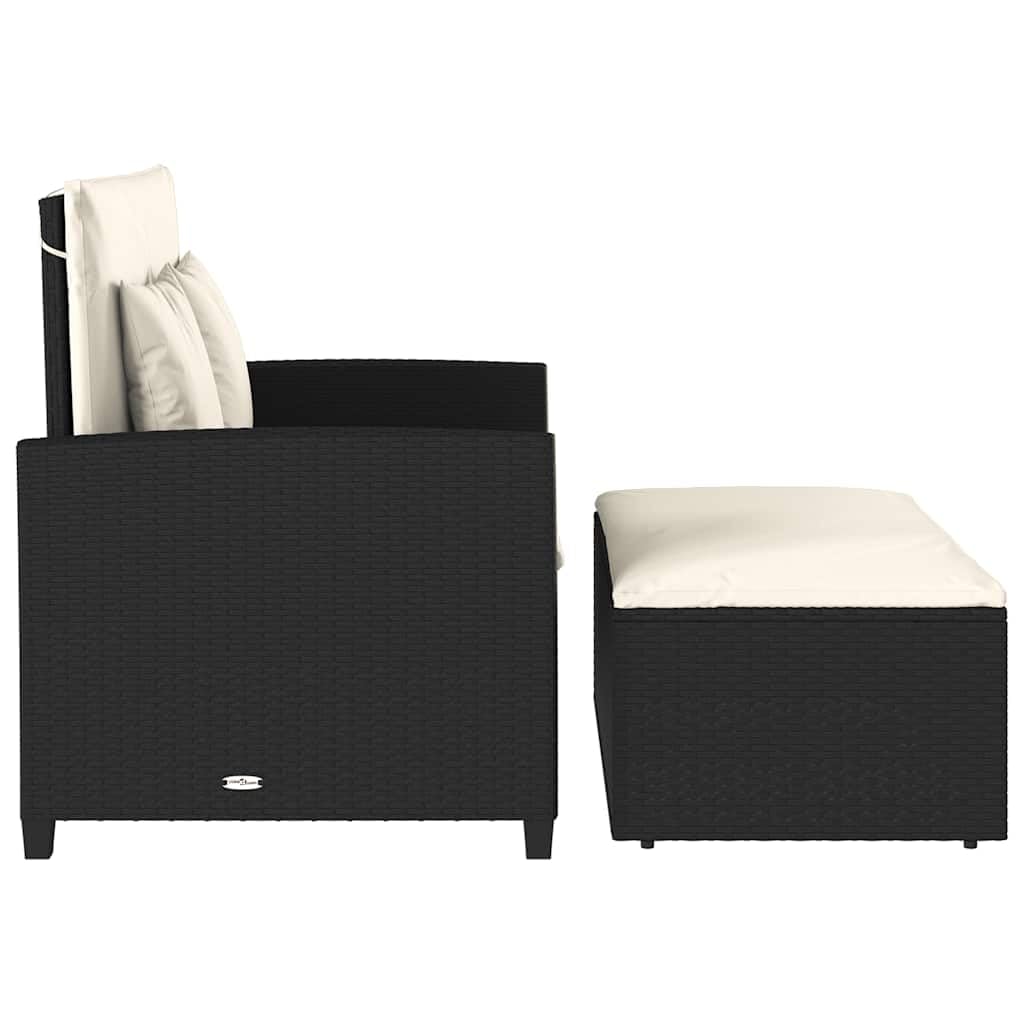 Divano Giardino 2 Posti Nero Polyrattan con Cuscini | Divano letto reclinabile, poggiapiedi con contenitore, rivestimento sfoderabile lavabile, 110 kg per seduta