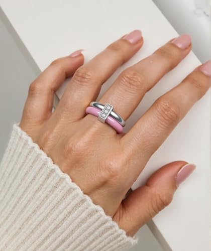 Ceramic Wedding Band Ring for Women Stackable Rings, Polished Ceramic with Stainless Steel & Zirconia Patchwork3