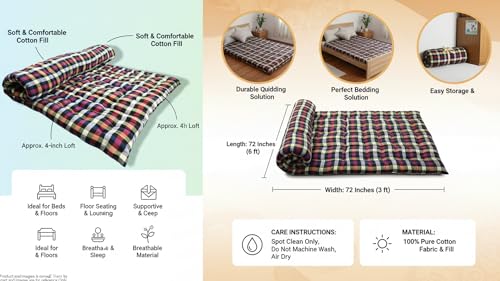 Image of H B MSALA Soft Cotton Foldable Quilt Mattress | Firm Reversible Cotton Gadda for Floor Sleeping & Bed Use | King Size Foldable Mattress (72 x 72 Inches / 6 x 6 Feet)