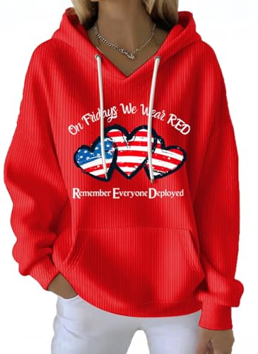 CIVIZIPET Remember Everyone Deployed Hoodie On Friday We Wear Red Knit Top Proud Female Veteran American Flag Red Friday Military Until They All Come Home Shirts Long Sleeve Plus Size