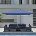 Kullavik 8 Pieces Outdoor Patio Furniture Set with 12FT Large Patio Umbrella,PE Wicker Rattan Sectional Sofa Patio Conversation Sets with Tempered Glass Table and Soft Cushions,Navy Blue