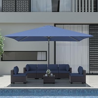 Kullavik 8 Pieces Outdoor Patio Furniture Set with 12FT Large Patio Umbrella,PE Wicker Rattan Sectional Sofa Patio Conversation Sets with Tempered Glass Table and Soft Cushions,Navy Blue