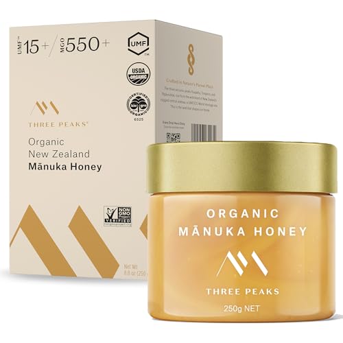 Manuka Honey Organic - Three Peaks Raw UMF 15+ (MGO 300+) – USDA Organic, Non-GMO, Certified UMF, Monofloral, 3rd-Party Tested, Traceable Hive to Jar – New Zealand (8.8 oz)
