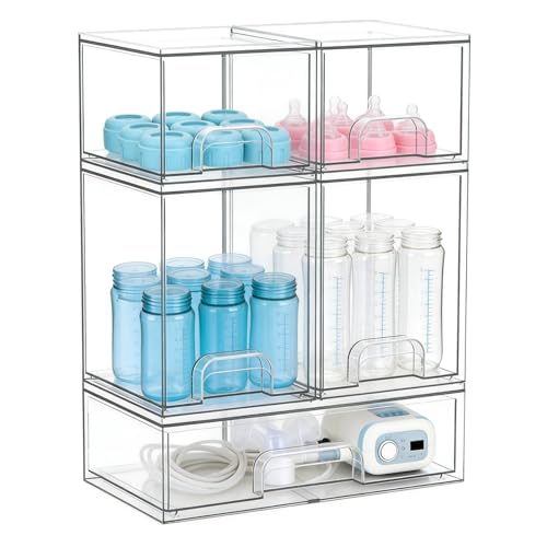Image of Gajiuhon Baby Bottle Organizer, Large Capacity Stackable Acrylic Storage with Non-Slip Pads, for Baby Bottles, Pump Parts, Kitchen Countertop, Pantry, Vanity, 5-Piece