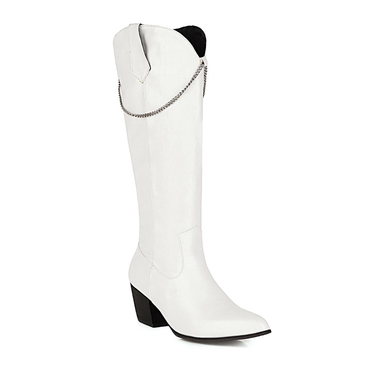Womens Fashion Cowboy Knee High Dressy Boots Pointed Toe Chains Zipper Chunky Heels Tall Wide Calf Riding Boots