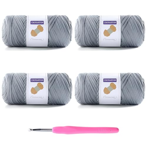 Image of 4 Pack Tshirt Yarn for Crocheting, Elastic T Shirt Spaghetti Thick Knitting Yarn Total Length 260 Yds for Crochet Bag Baskets Home Decor with 1 Crochet Hook (4-Light Gray)