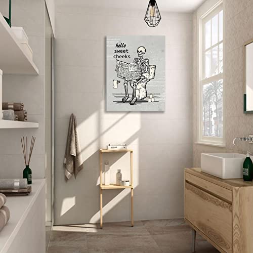 Fuzawet Retro Skull Bathroom Decor Wall Art Funny Gothic Skeleton Bathroom Toilet Sign Pictures Canvas Print Vintage Halloween Bathroom Decor Modern Goth Home Painting Framed Ready To Hang 12X16 In #TOP4