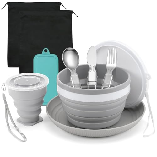 Lot de 6 couverts de camping pliables - Assiettes - Bol pliable - Avec couverts en acier inoxydable - Couteau, cuillère et fourchette - Pour les voyages et les pique-niques