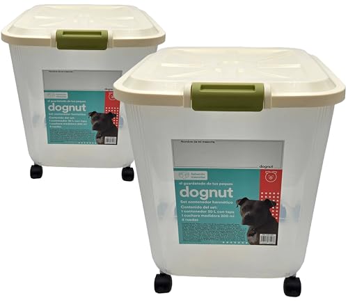Lista de Contenedor hermetico los 5 mejores. 49 dognut - 2 Contenedores Herméticos para Alimento de Mascotas, Capacidad 22 kg = 11 kg +11 kg, con 2 Tazas Medidoras y con 8 llantas, sin BPA
