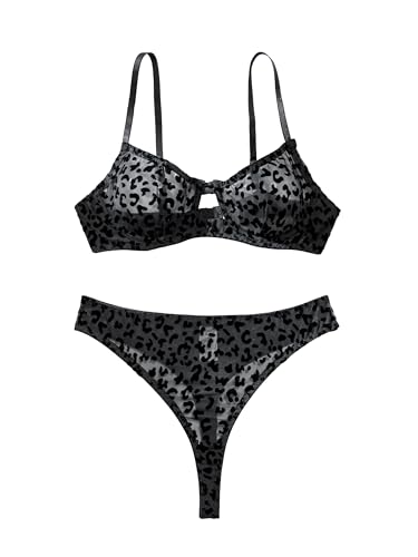 Lilosy Sexy Mesh Sheer Underwire Push Up Lingerie Set Women Cheetah See Through Bachelorette Bra Panty 2 Piece Leopard Black Medium