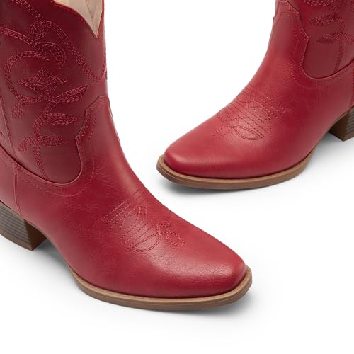 Athlefit Women's Cowboy Cowgirl Ankle Boots Square Toe Low Chunky Heel Embroidery Western Short Booties for Country Concerts Red Size 10, AD00764 — view 5