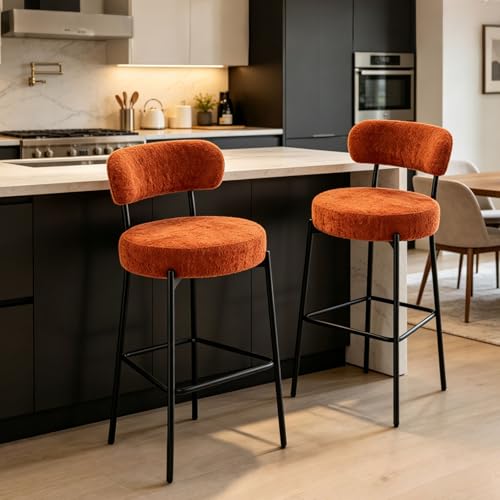 Image of Bar Stools, 30 inch Tall Bar Stools Set of 3, Boucle Upholstered Counter Height Bar Stools, Modern Bar Chairs Metal Frame with Back and Footrest for Kitchen Island,Orange Barstools