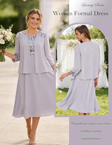Image of GRACE KARIN Formal Wedding Guest Dress Sequin Mother of The Bride Dresses | Two Piece,3 /4 Sleeve,Tea Length,Crew Neck,Fit and Flare,Chiffon,Suitable for Spring /Summer /Fall /Winter /Cocktail /Party /Prom