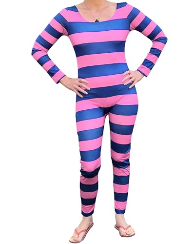 Cusghjbsg Women Halloween Cheshire Cat Cosplay Costume Long Sleeve Stripe Print Contrast Color Slim Jumpsuit Role Play Outfit Romper (Pink Purple A L)