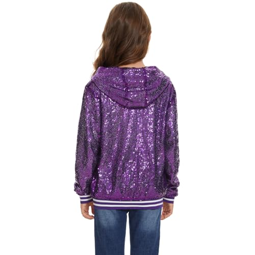 Mowbeat Girls Purple Sequin Jacket Zipper Hoodie Varsity Jacket for Kids Sparkly Sequin Long Sleeve Hoodies Coat3