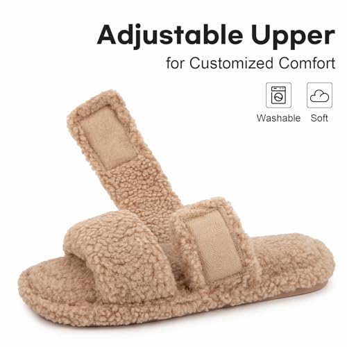 FamilyFairy Open Toe Slippers for Women Adjustable Memory Foam House Shoes Faux Fur Fuzzy Slide Sandals Non Slip Washable3