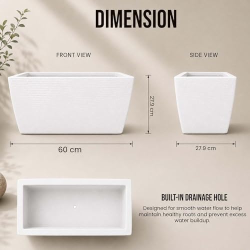 Image of Go Hooked Rectangular Leios Planter Pot 24x11 Inch | Marble Ribbed Design Plastic Flower Pot for Indoor Outdoor Garden Balcony Terrace Living Room | Decorative Long Plant Container with Drainage Hole