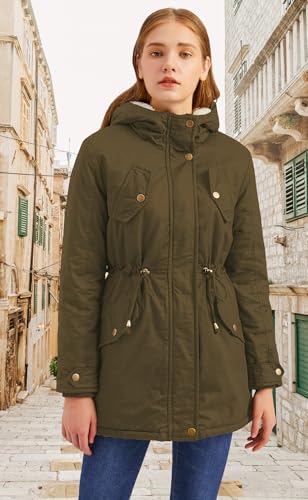 Miaikvs Damen Parka mit Kapuze Fleece gefüttert Winter gepolstert winddicht warm(grün,XL)