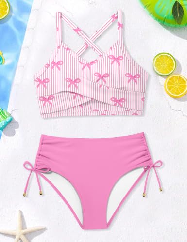 Image of Teen Girls Swimsuits V-Neck Bikini Set Bathing Suits Cross Straps Two Piece Swimwear with Drawstring