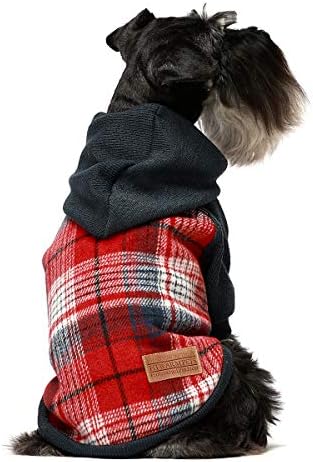Fitwarm Tartan Plaid Dog Hoodie, Knitted Dog Clothes for Small Dogs Boy, Pet Sweater with Hood, Cat Fleece Lined Winter Outfit, Red, Navy Blue, Medium