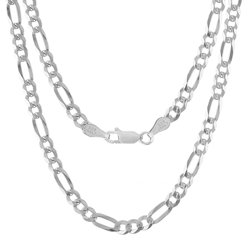 KISPER 925 Sterling Silver Figaro Chain for Men - 5mm Diamond Cut Italian Necklace, Mens Sterling Silver Necklace with Lobster Clasp, Made in Italy