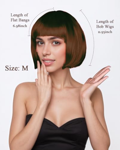 Image of LIULIUBTY Short Bob Hair Wigs Straight with Flat Bangs Synthetic Colorful Cosplay Daily Party Neon Wig for Women with Wig Cap 12 inch Natural As Real (Black-brown)