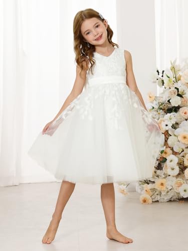 MCieloLuna Girl's Short First Communion Dress Flora Lace Flower Girls Dresses for Wedding V-Neck Toddler Mini Gown3