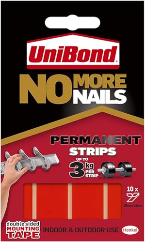 Unibond No More Nails Permanent Strips Adhesive Strips for Fast & Easy Mounting Double Sided Sticky Tape for Interior & Exterior Use Waterproof Tape Pack of 10