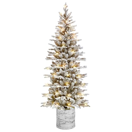 Puleo International 6ft Pre-Lit Potted Flocked Pencil Christmas Tree