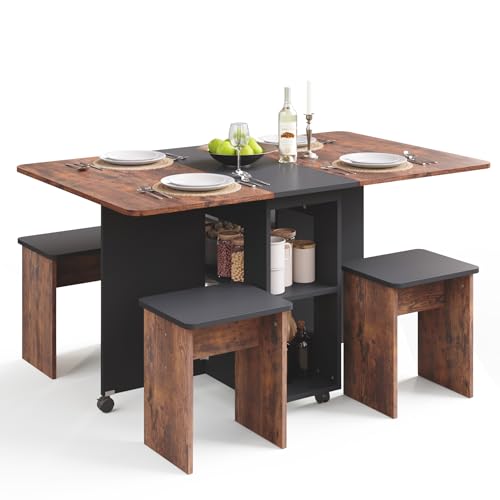 Mondeer Ensemble Table à Manger avec 4 Chaises, Ensemble Table à Manger Pliable avec Chaises pour Petits Espaces avec Etagères de Rangement, Salle à Manger...