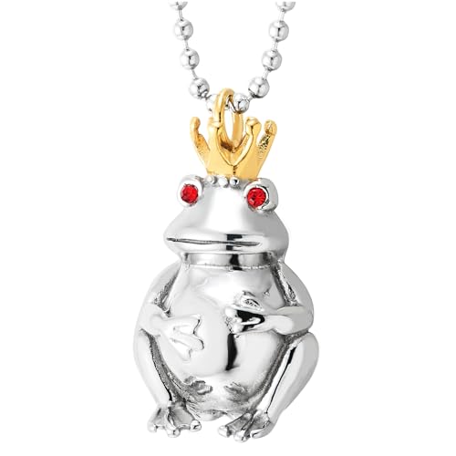 COOLSTEELANDBEYOND Collier Grenouille Prince en Acier avec Couronne Dorée et Yeux en Pierres Rouges, Bijou Animal pour Homme et Femme