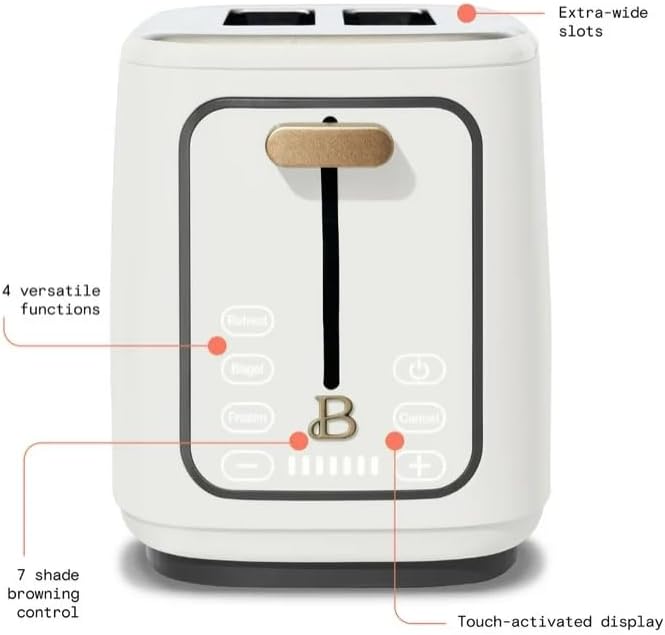 Beauti 2 Slices Toaster with Touch Activated Display, 900 W, Bagel/Frozen/Reheat Presets, Wide Slots, Easy Cleaning (White Icing)