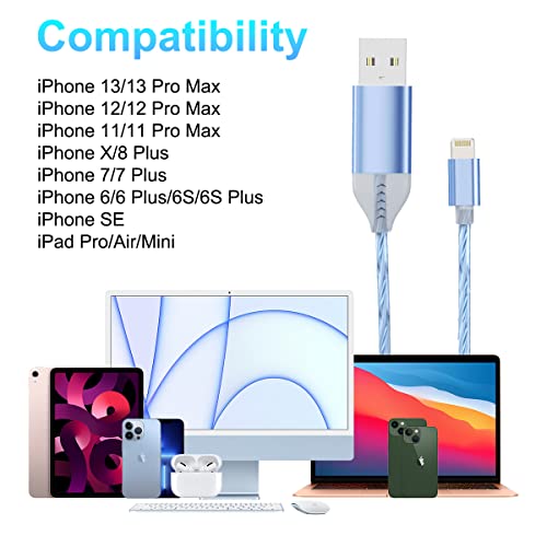 2M/6Ft Flowing Led Light Up Lightning Charge Cable,Glowing Apple Charger Adapter Sync Data Connector Cord For Car With Iphone 13/12 Pro Max /11 Pro/Xr/Xs Max/X/8 7 Se 2020,Ipad/Ipod (Blue) #TOP2
