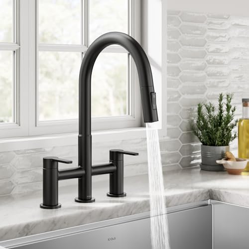 Image of KRAUS Oletto Bridge Kitchen Faucet with Pull-Down Sprayhead in Matte Black, KPF-3122MB